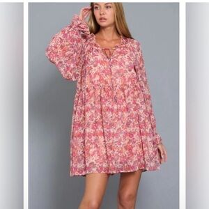 Aakaa Pink Ruffle Floral Print High Neck Babydoll Long Sleeve Mini Dress Size S